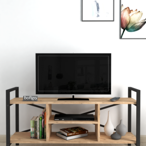 ტელევიზორის მაგიდა მეტალის კარკასით და ფიჭვის ფაქტურით