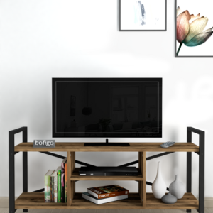 ტელევიზორის მაგიდა მეტალის კარკასით და მუქი ხის ფაქტურით