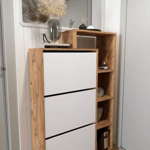 ფეხსაცმლის კარადა თაროებით თეთრი და ფიჭვის ფაქტურის (BF-757)